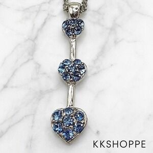 Silver Triple Heart Blue Rhinestone Romantic Necklace 15"‎ Sparkly